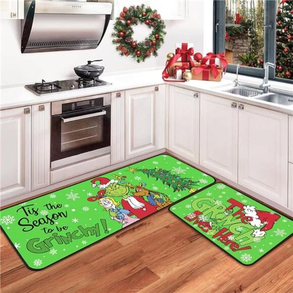 Set of 2 Grinch Christmas Kitchen Mats, Non-Slip Waterproof Rugs, 17x29 & 17x48 - Picture 5 of 7